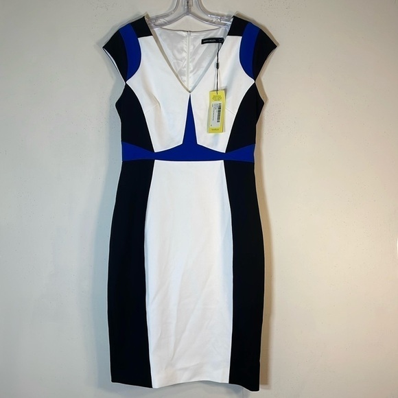 NWT. Karen Millen US 6 Color Block Patch Work Cap Sleeve Sheath Dress. - Picture 1 of 11
